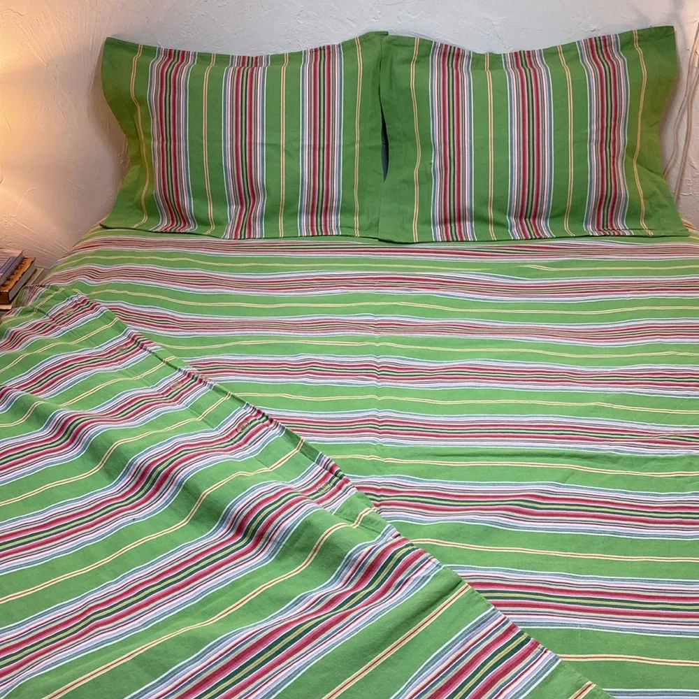 Pottery Barn Newport Green Striped Duvet Queen Two Standard Pillow Shams Set